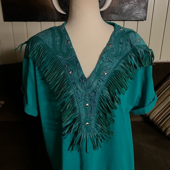 Rare XPeriance Ine Suze Turquoise Western Shirt W/Fringe & Studs - Picture 6 of 16